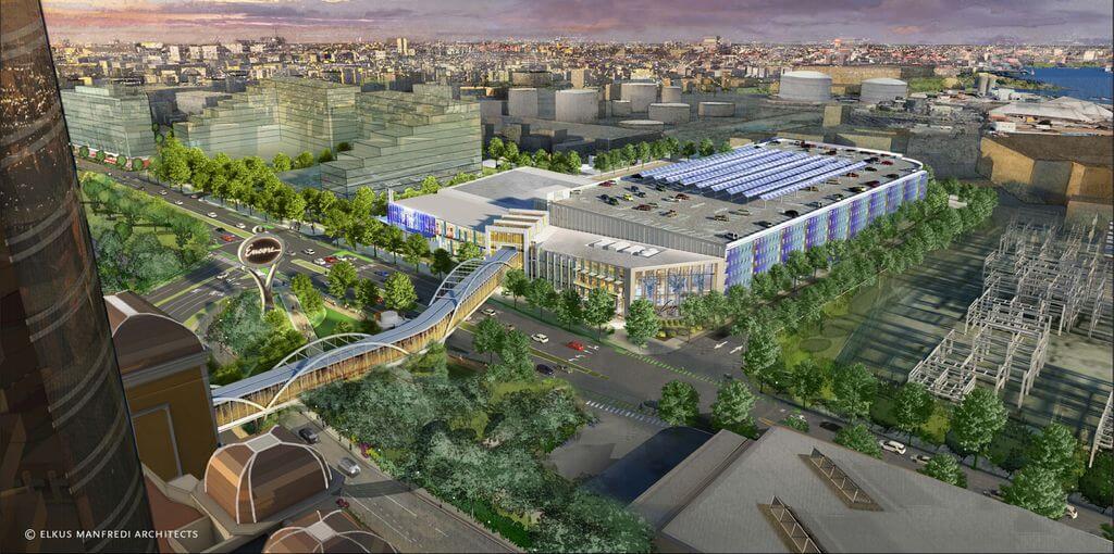 A rendering of Wynn Resort’s proposed events venue and parking garage across the street from the Encore Casino in Everett.